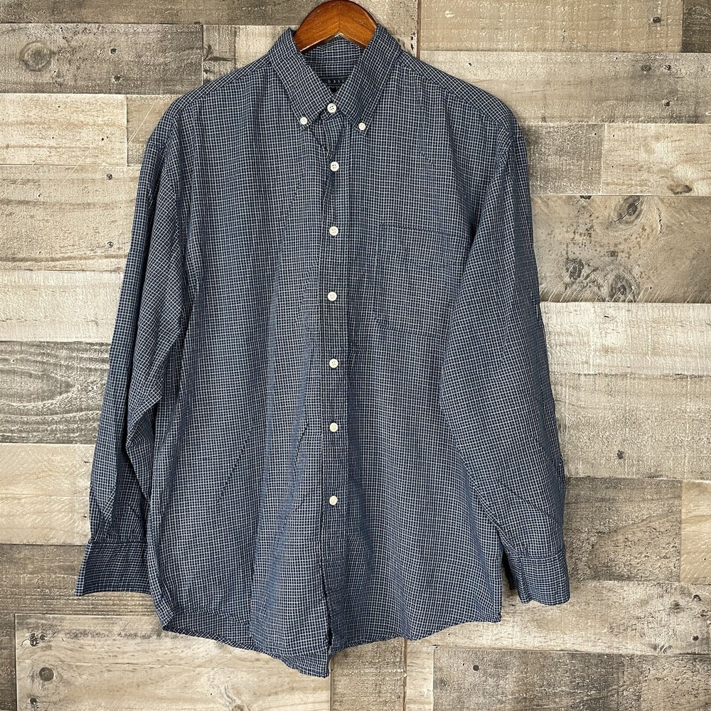 Vintage Y2K Basic Editions Shirt Blue Plaid Button Front Long Sleeve 90s Pocket - Picture 1 of 6